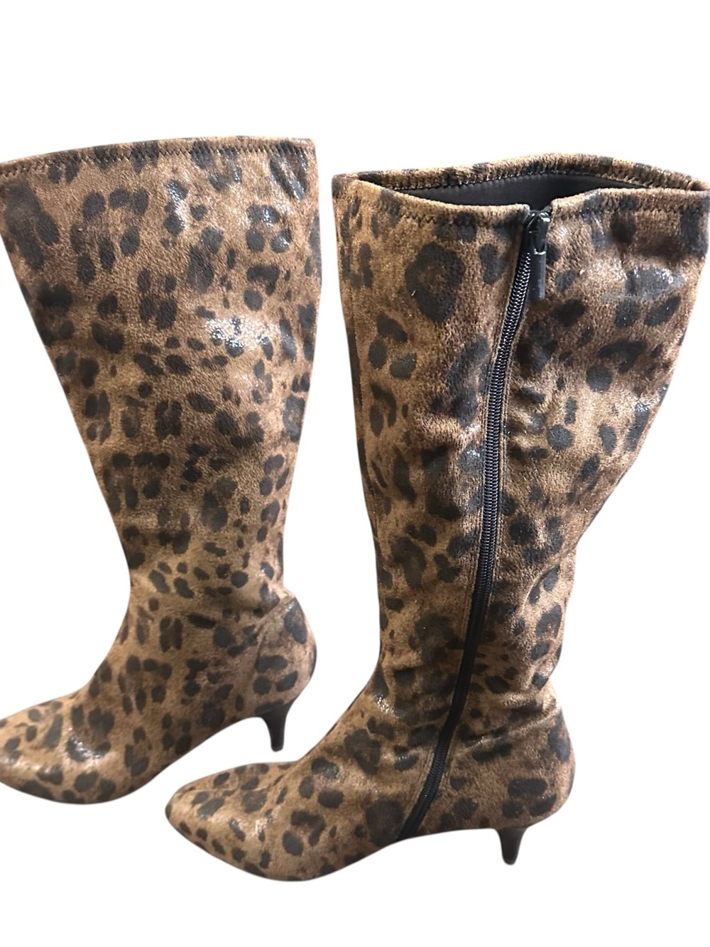 Leopard Print Stretch Knee High Boots Pointed Toe Kitten Heel Womens 7.5